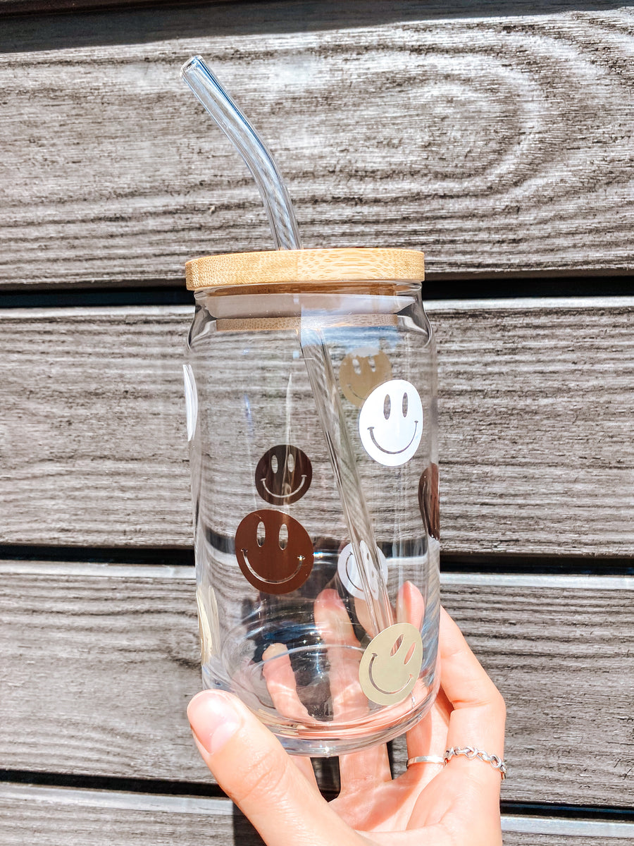 Smiley Face and Heart Coffee Cup With Bamboo Lid & Glass Straw